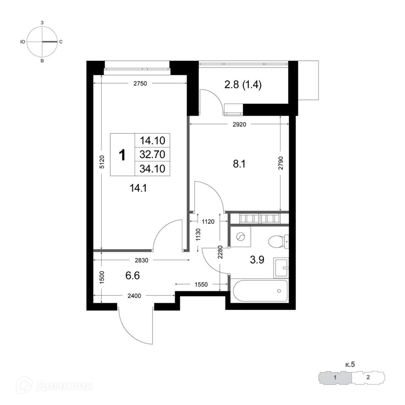 1-комнатная квартира 32.8 м² Легенда Коренёво