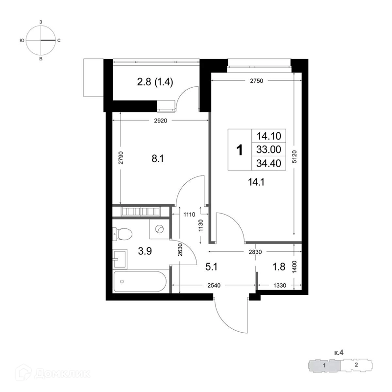 1-комнатная квартира 33 м² Легенда Коренёво