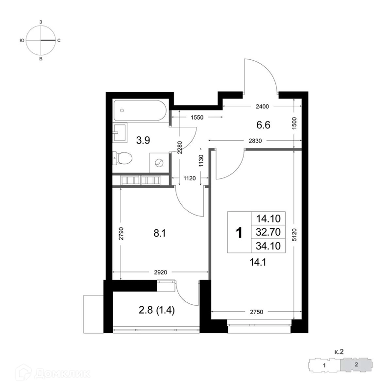 1-комнатная квартира 32.7 м² Легенда Коренёво
