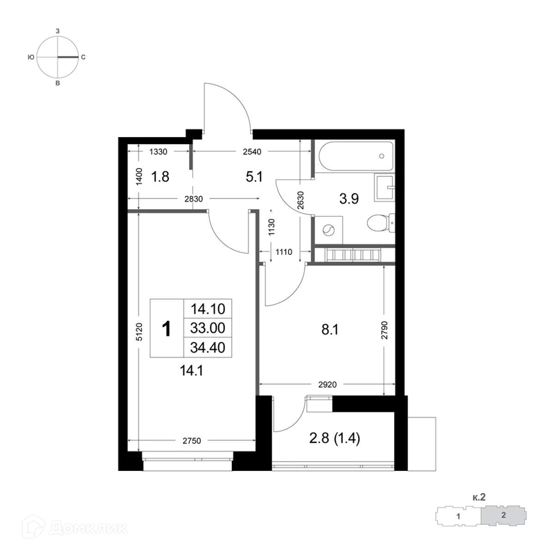 1-комнатная квартира 32.9 м² Легенда Коренёво