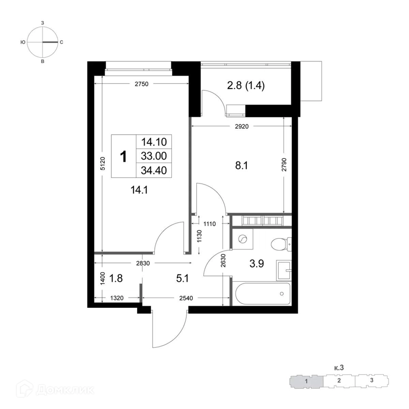 1-комнатная квартира 33 м² Легенда Коренёво