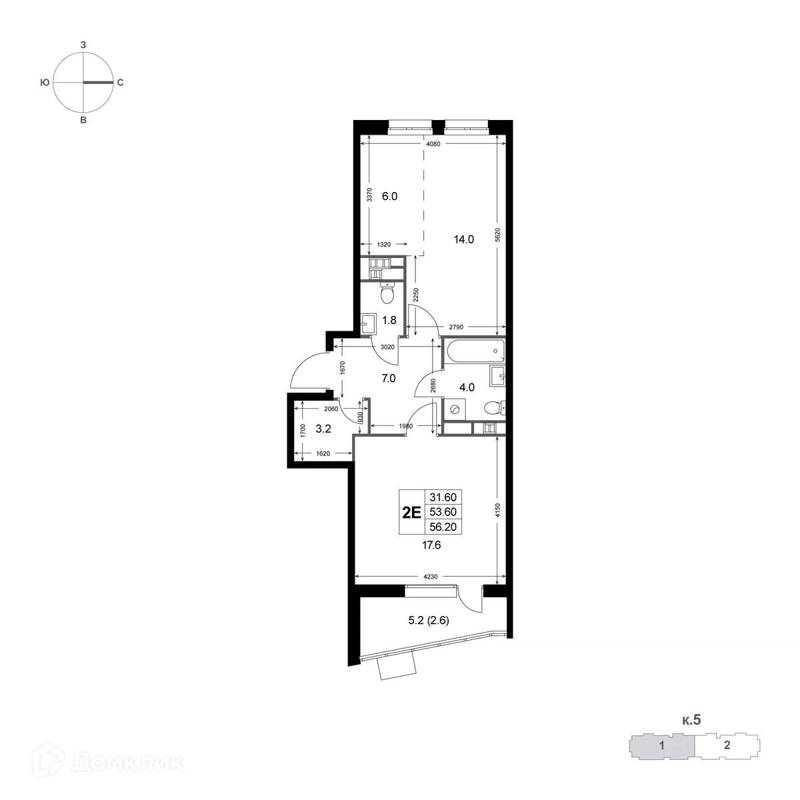 2-комнатная квартира 53.7 м² Легенда Коренёво