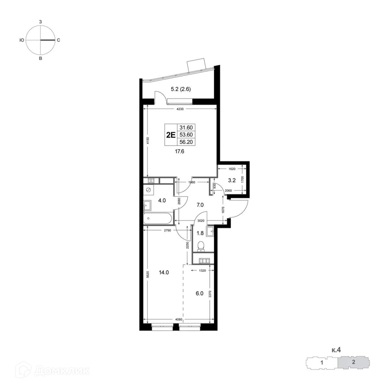 2-комнатная квартира 53.6 м² Легенда Коренёво