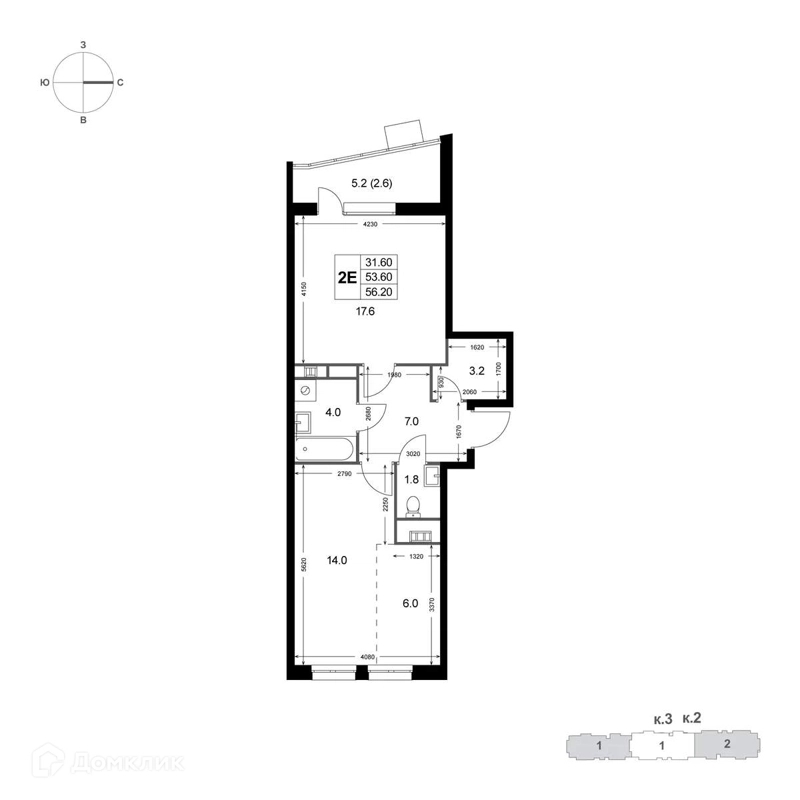 2-комнатная квартира 53.6 м² Легенда Коренёво