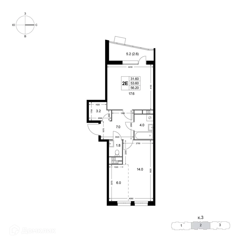 2-комнатная квартира 53.4 м² Легенда Коренёво