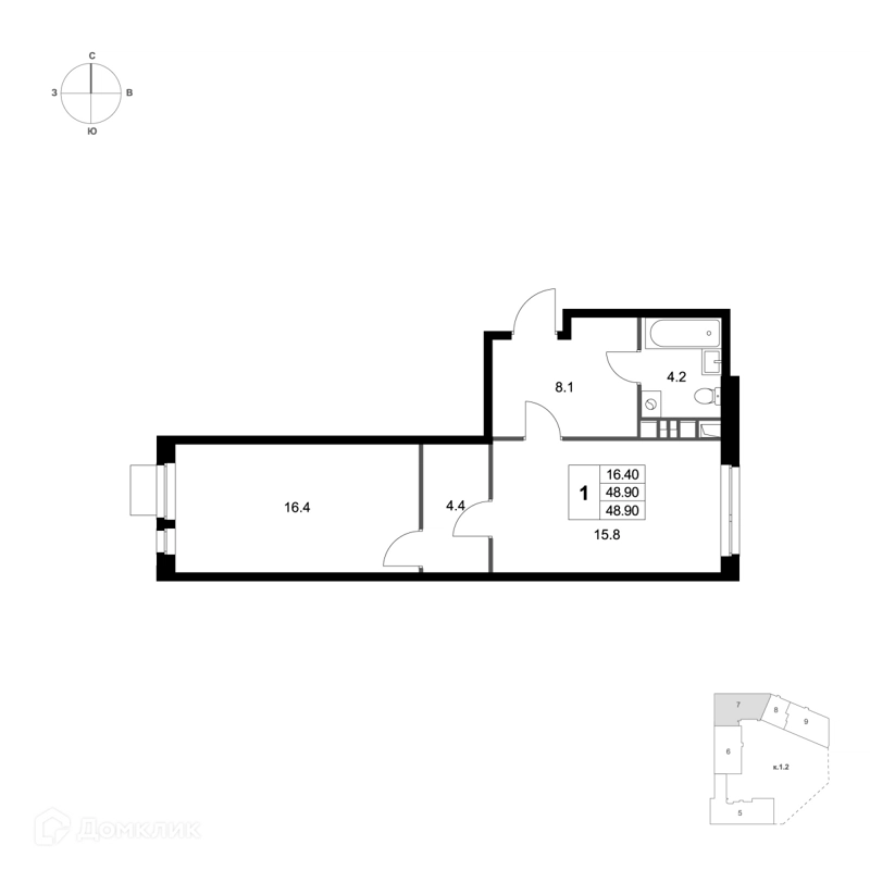 1-комнатная квартира 48.9 м² Легенда Марусино