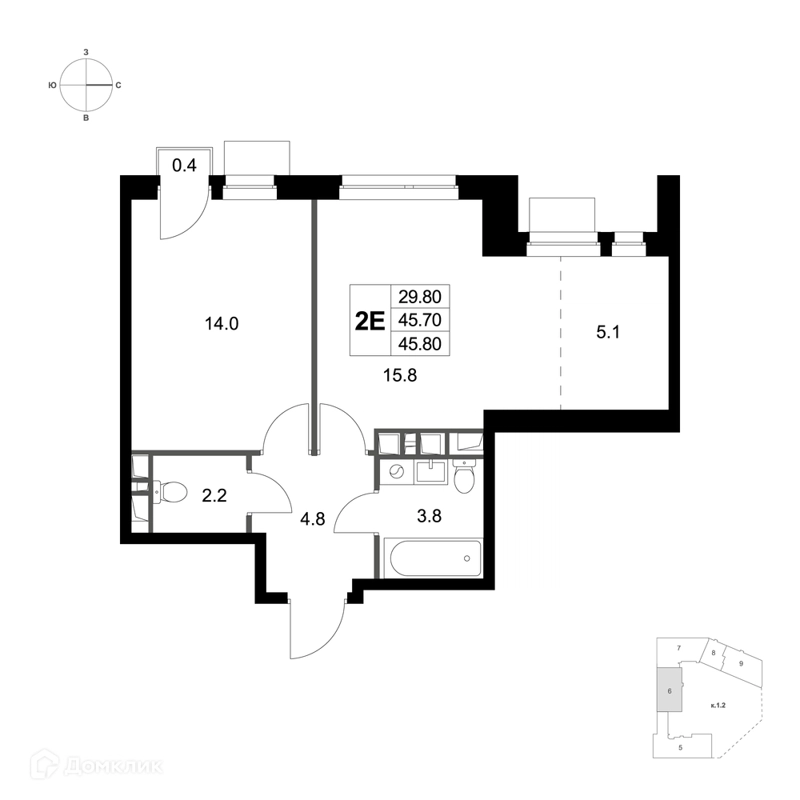 2-комнатная квартира 45.8 м² Легенда Марусино