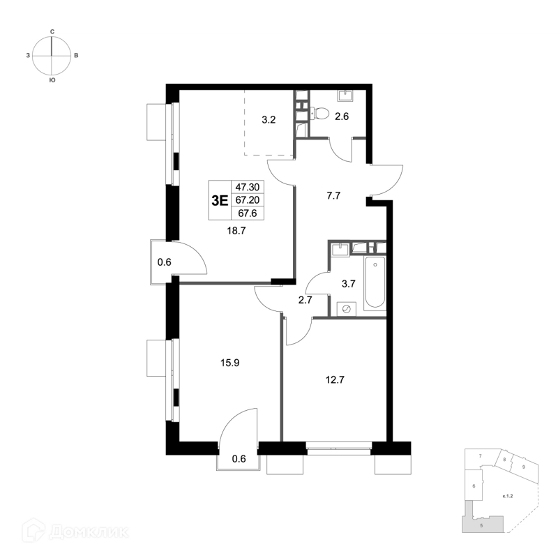 3-комнатная квартира 67.6 м² Легенда Марусино