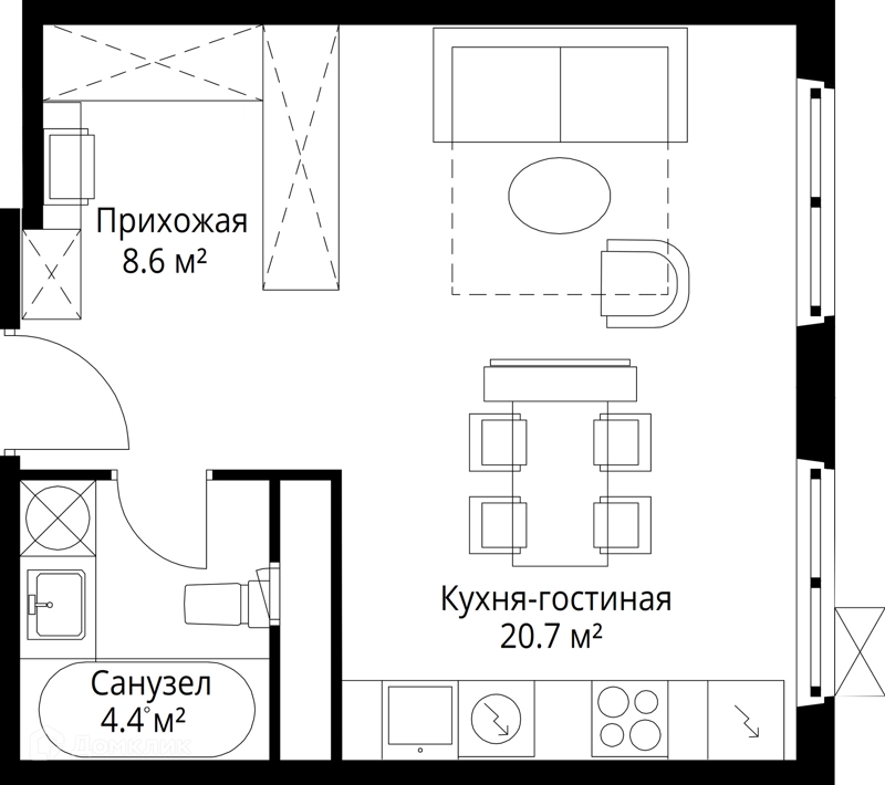 Студия 33.7 м² У реки.Эко Видное 2.0