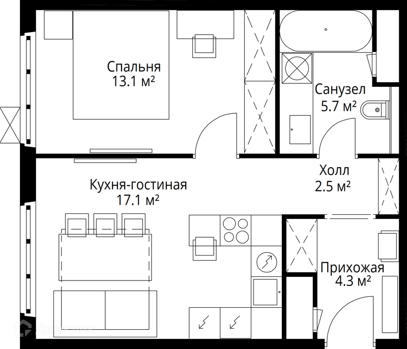 1-комнатная квартира 42.7 м² У реки.Эко Видное 2.0
