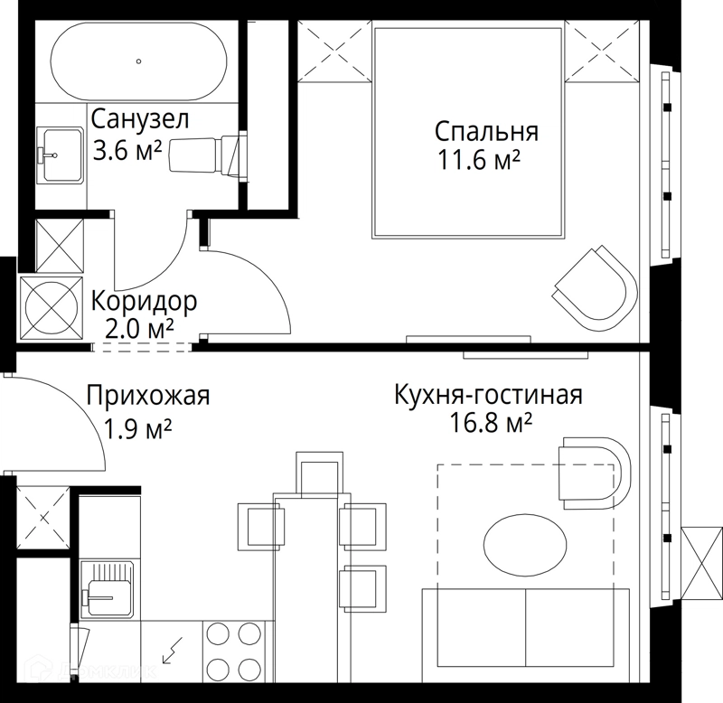 1-комнатная квартира 35.9 м² У реки.Эко Видное 2.0