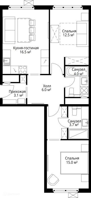 2-комнатная квартира 60.8 м² У реки.Эко Видное 2.0