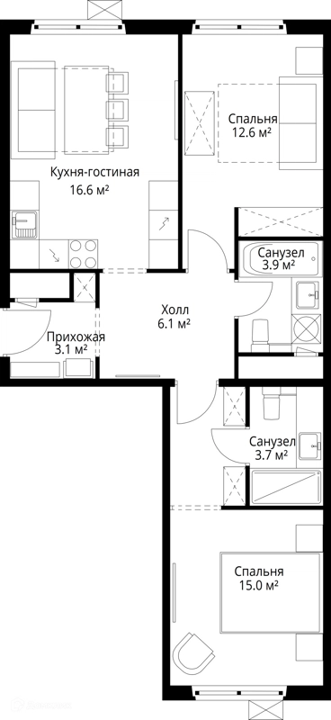 2-комнатная квартира 61 м² У реки.Эко Видное 2.0