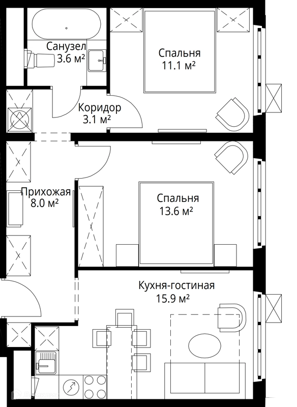 2-комнатная квартира 55.3 м² У реки.Эко Видное 2.0