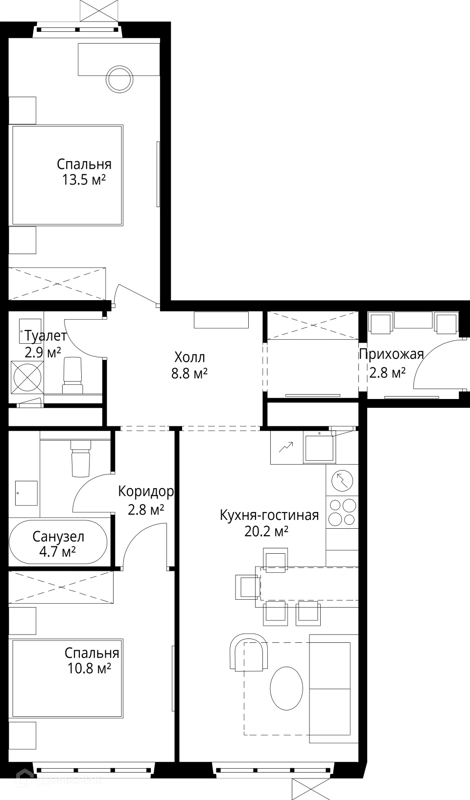 2-комнатная квартира 66.5 м² У реки.Эко Видное 2.0