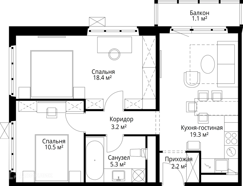 2-комнатная квартира 60 м² У реки.Эко Видное 2.0