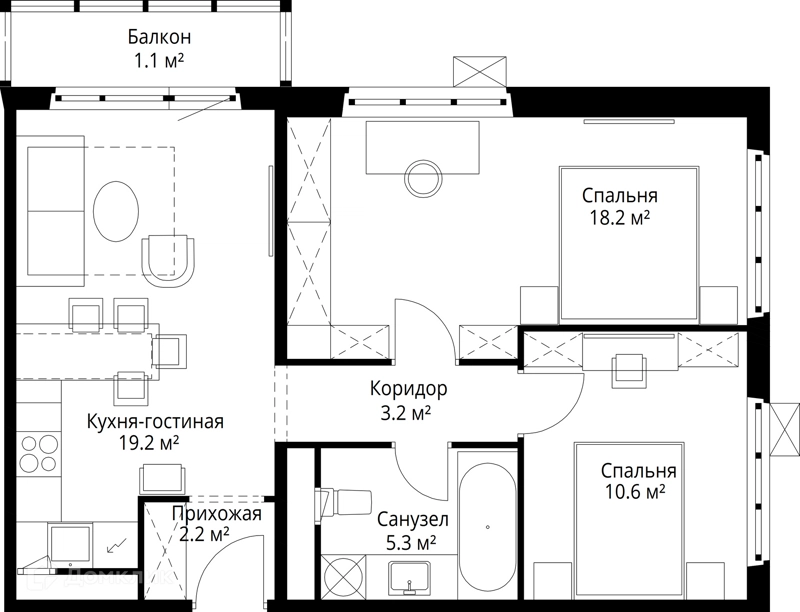 2-комнатная квартира 59.8 м² У реки.Эко Видное 2.0