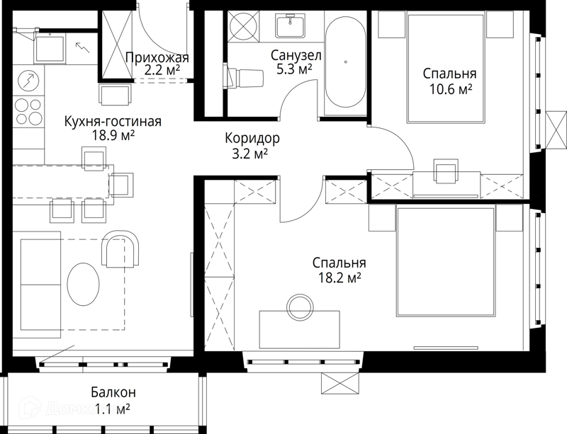 2-комнатная квартира 59.5 м² У реки.Эко Видное 2.0