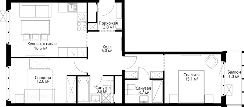2-комнатная квартира 61.8 м² У реки.Эко Видное 2.0