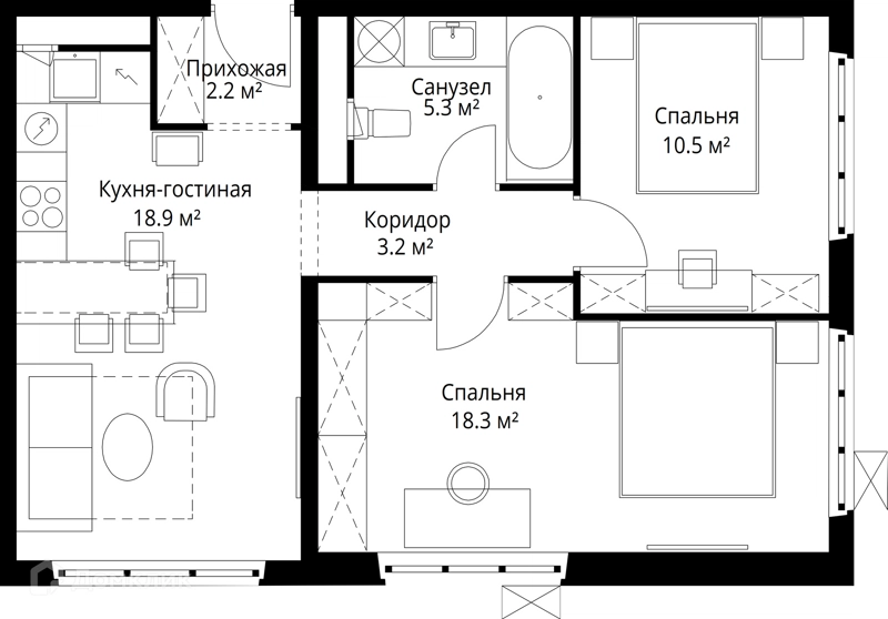 2-комнатная квартира 58.4 м² У реки.Эко Видное 2.0