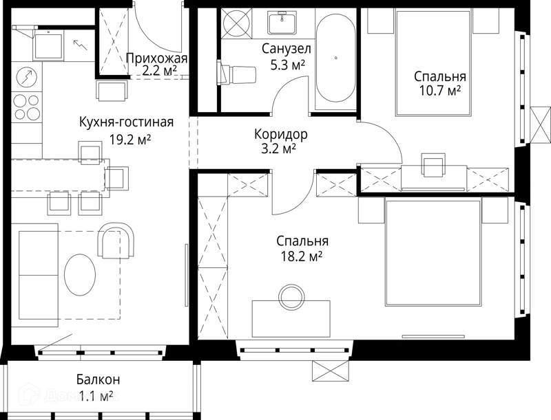 2-комнатная квартира 59.9 м² У реки.Эко Видное 2.0
