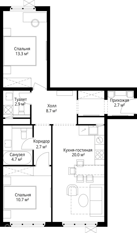 2-комнатная квартира 65.7 м² У реки.Эко Видное 2.0