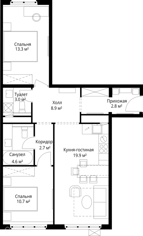 2-комнатная квартира 65.9 м² У реки.Эко Видное 2.0