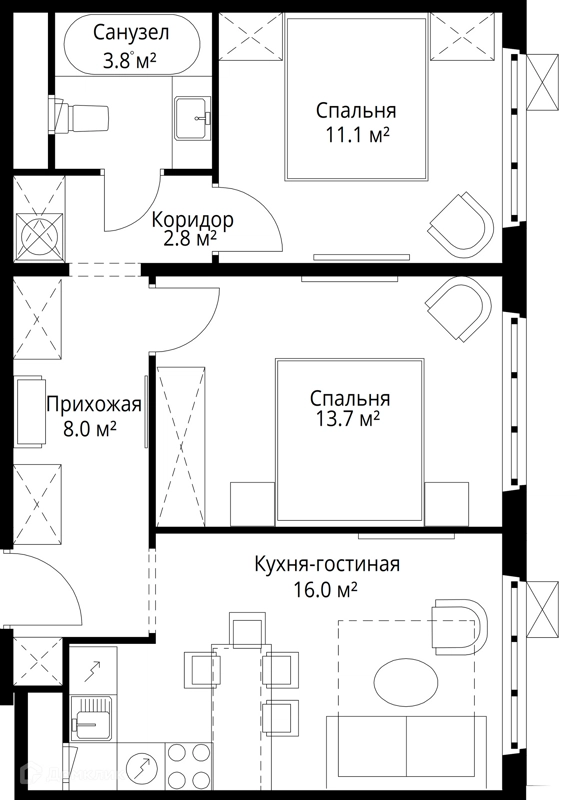 2-комнатная квартира 55.4 м² У реки.Эко Видное 2.0