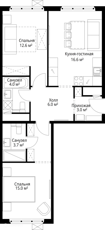 2-комнатная квартира 60.9 м² У реки.Эко Видное 2.0