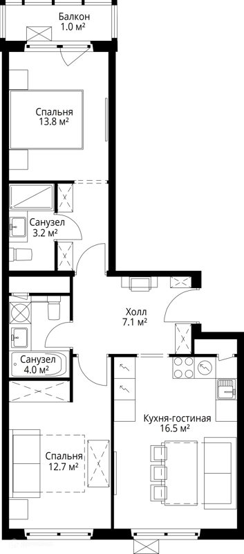 2-комнатная квартира 58.3 м² У реки.Эко Видное 2.0