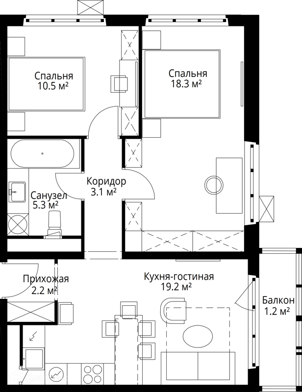 2-комнатная квартира 59.8 м² У реки.Эко Видное 2.0