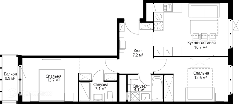 2-комнатная квартира 58.3 м² У реки.Эко Видное 2.0