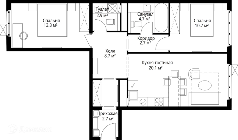 2-комнатная квартира 65.8 м² У реки.Эко Видное 2.0
