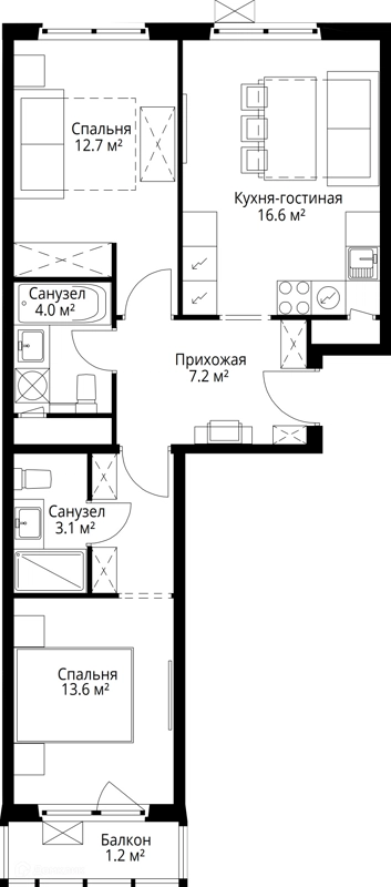 2-комнатная квартира 58.4 м² У реки.Эко Видное 2.0