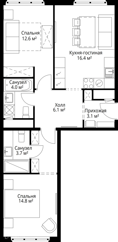 2-комнатная квартира 60.7 м² У реки.Эко Видное 2.0