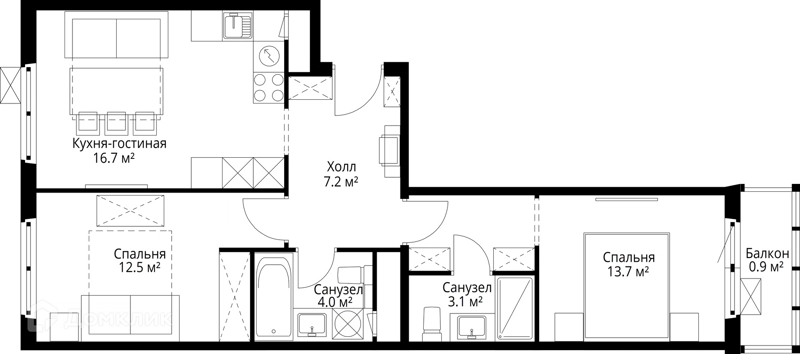 2-комнатная квартира 58.1 м² У реки.Эко Видное 2.0
