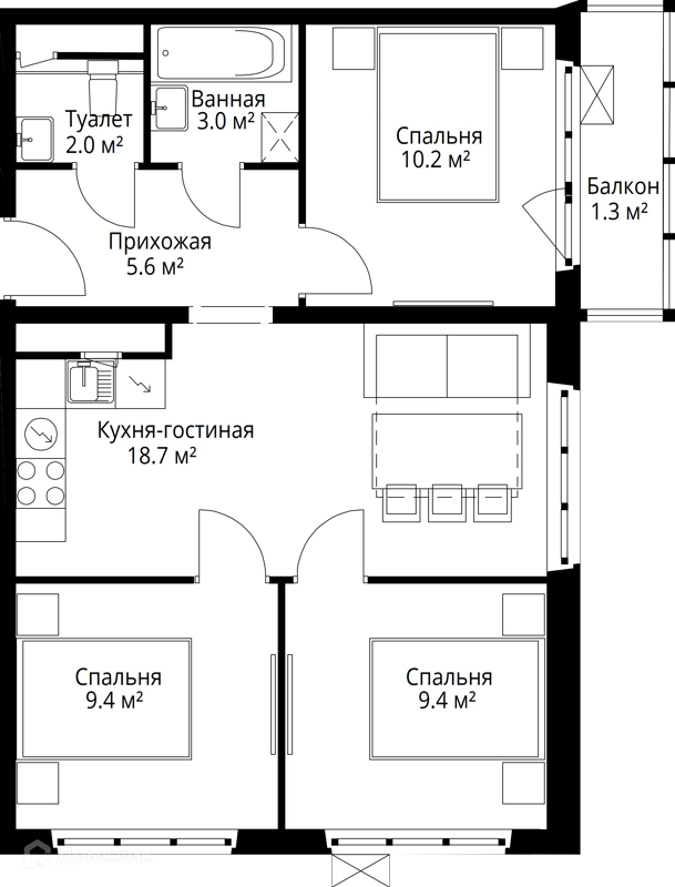 3-комнатная квартира 59.6 м² У реки.Эко Видное 2.0