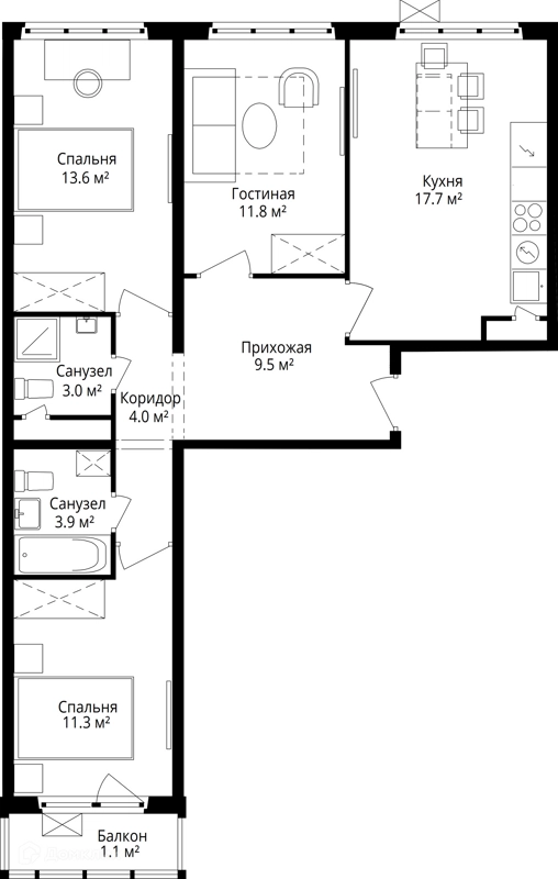 3-комнатная квартира 75.9 м² У реки.Эко Видное 2.0