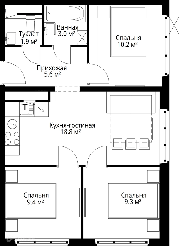 3-комнатная квартира 58.2 м² У реки.Эко Видное 2.0