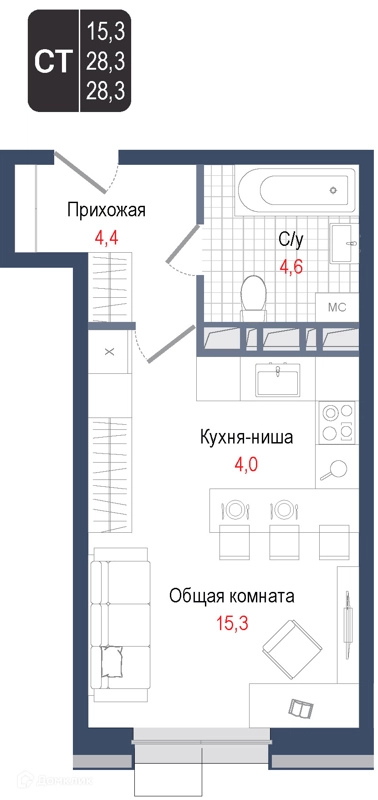 Студия 28.3 м² КИНОКВАРТАЛ