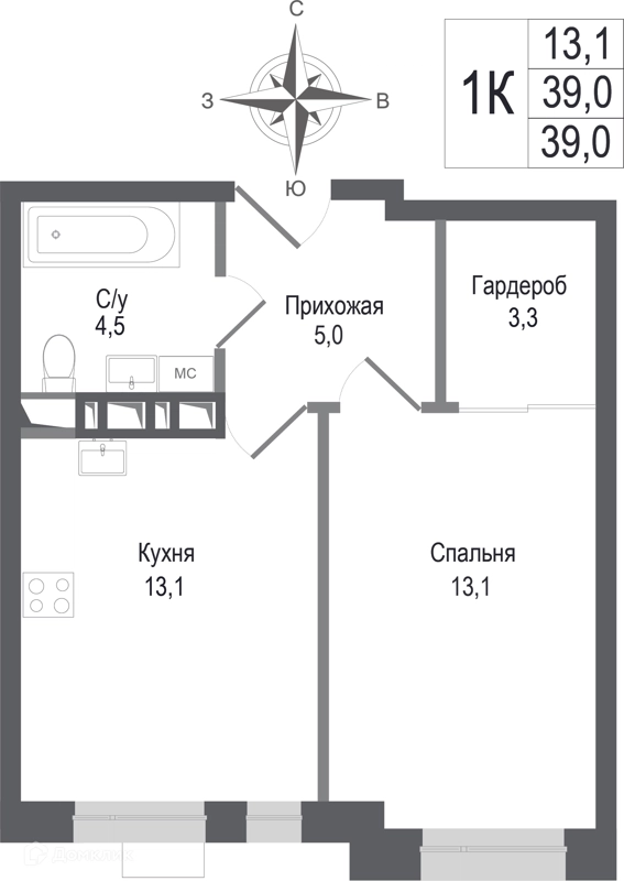 1-комнатная квартира 39 м² КИНОКВАРТАЛ