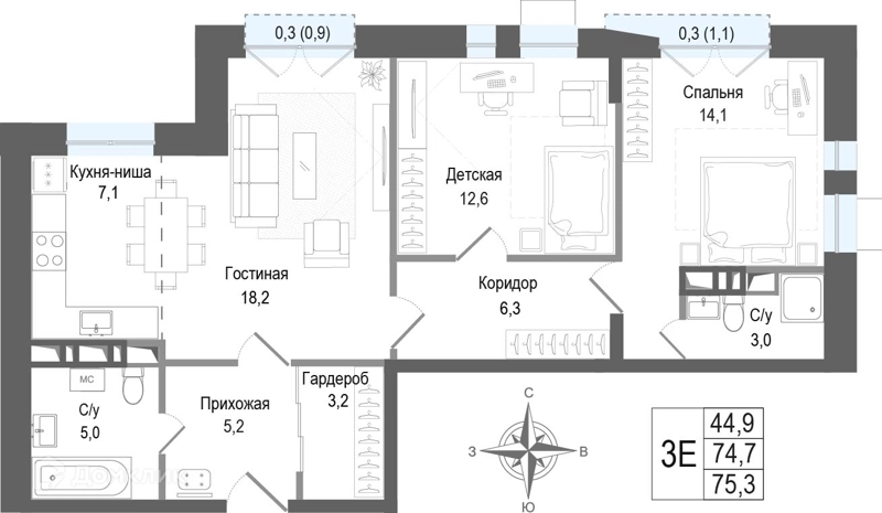 3-комнатная квартира 74.7 м² КИНОКВАРТАЛ