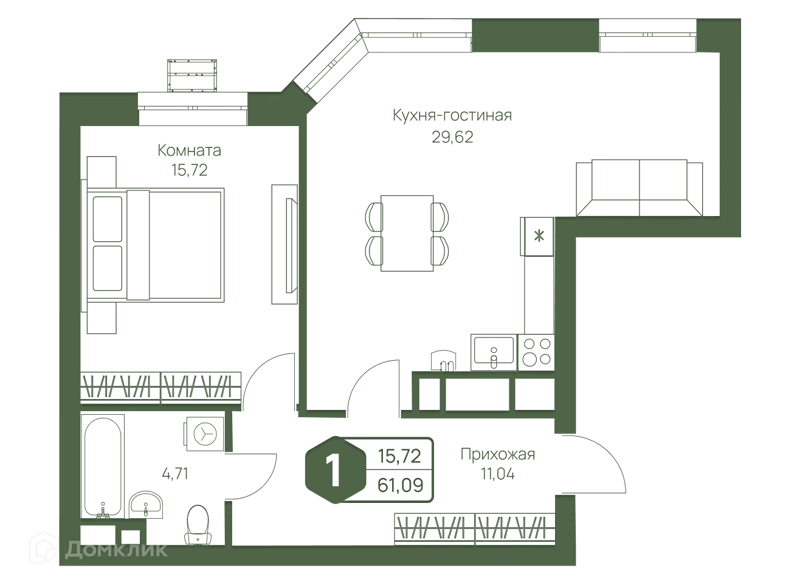 1-комнатная квартира 61.09 м² Мечта-квартал Любовь