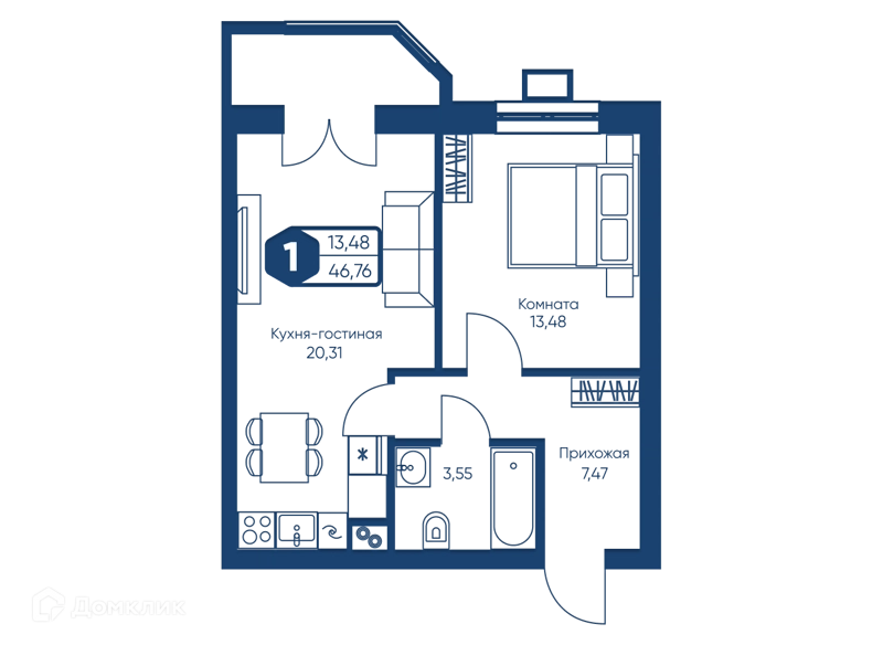 1-комнатная квартира 46.76 м² Мечта-квартал Любовь