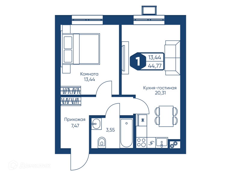 1-комнатная квартира 44.77 м² Мечта-квартал Любовь