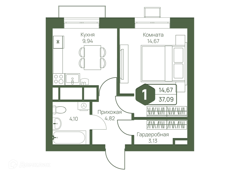 1-комнатная квартира 37.09 м² Мечта-квартал Любовь