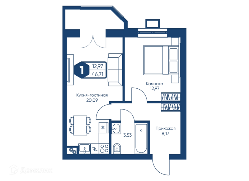 1-комнатная квартира 46.71 м² Мечта-квартал Любовь