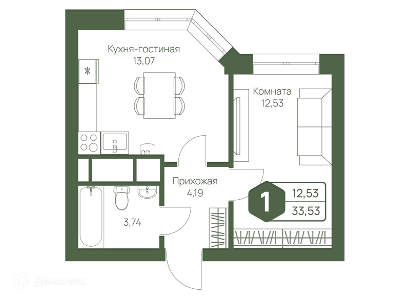 1-комнатная квартира 33.53 м² Мечта-квартал Любовь