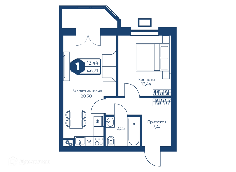 1-комнатная квартира 46.71 м² Мечта-квартал Любовь