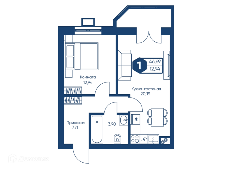 1-комнатная квартира 46.69 м² Мечта-квартал Любовь